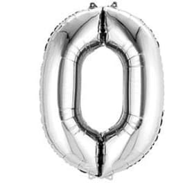 Silver foil balloon shaped like the number 0