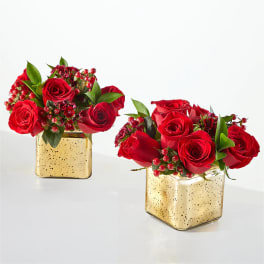 Two red rose arrangements in gold square vases