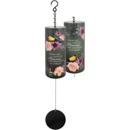 Two memorial wind chimes with floral prints and black hanging discs