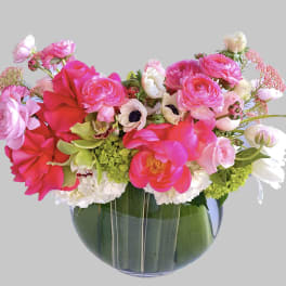 Bright pink and white mixed flowers arranged in a glass vase