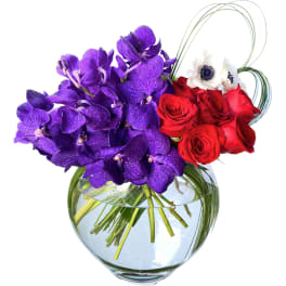 Purple orchids and red roses arranged in a clear glass vase