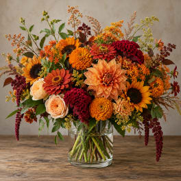 Autumn bouquet of sunflowers, dahlias, and roses in a clear glass vase
