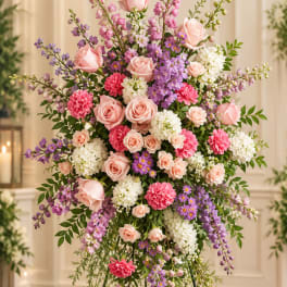 Large pastel floral standing arrangement with pink roses, purple blooms, and white flowers