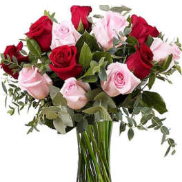 Pink and red roses in bouquet