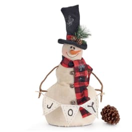Fabric snowman decoration with a top hat, scarf, and JOY banner