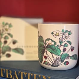 Floral-printed ceramic mug on a book with a matching box behind it