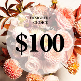 Mixed bouquet with pink and peach flowers and autumn leaves, overlaid with "$100" text
