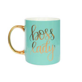 Mint mug with gold handle and "boss lady" text