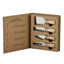 Set of four cheese knives in a cardboard display box