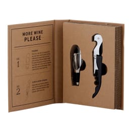 Wine opener gift set in a brown cardboard box with a corkscrew and pourer