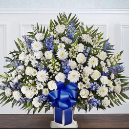Blue and white floor basket