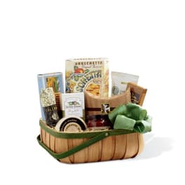 Gift basket with crackers, cheese, jam, and coffee packets
