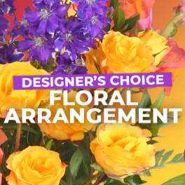 Mixed bouquet with yellow roses and purple flowers