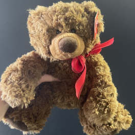Brown teddy bear with a red ribbon bow