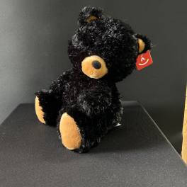 Black plush teddy bear with tan paws and muzzle