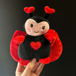 Plush ladybug toy with red wings and heart details held in a hand