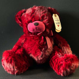 Red plush teddy bear with a ribbon and hanging tag on a dark background
