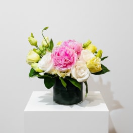 Pink and White Peony and Rose Arrangement in Glass Vase