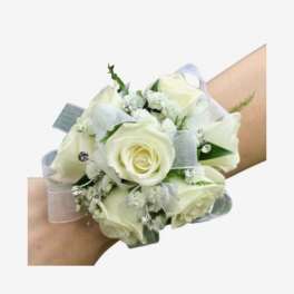 White rose wrist corsage with silver ribbon and small crystal accents
