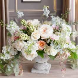 Pastel floral arrangement in a stone pedestal vase