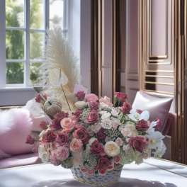 Large pink and white rose arrangement in a woven basket with pampas grass