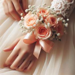 Peach Blossom Wrist Corsage and Boutonniere Set