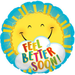 Smiling blue and yellow balloon with "Feel Better Soon" text