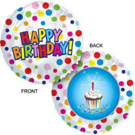 Two birthday balloons with colorful polka dots and cupcake graphics