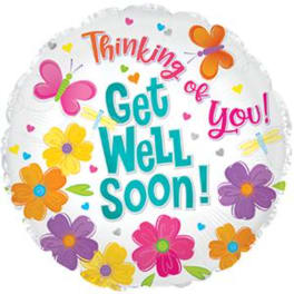 Round balloon with "Thinking of You! Get Well Soon!" text and colorful flowers