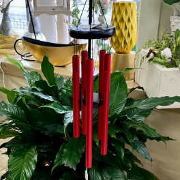 Red wind chimes above a lush green potted plant arrangement