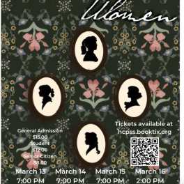 Little Women theater poster with floral wallpaper and silhouette portraits