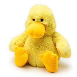 Yellow plush duck toy sitting on a white background