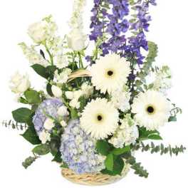 Basket arrangement with white roses, gerbera daisies, and purple flowers
