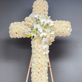 White Rose Cross with Orchids