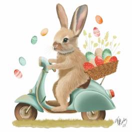Illustrated bunny riding a teal scooter with a basket of colorful Easter eggs.