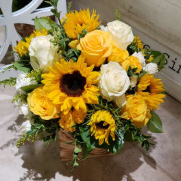 Sunflower and white and yellow Roses