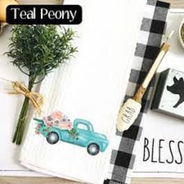 Teal Truck of Peonies Tea Towel