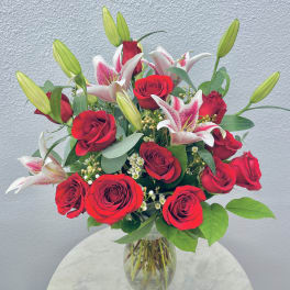 Premium Seasonal Roses and Stargazer Lilies