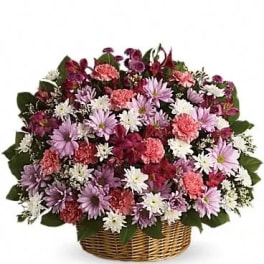 Basket arrangement of pink carnations, lavender and white daisies with dark pink blooms.