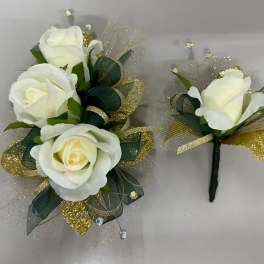 green emerald velvet dress Ivory White and Gold Prom Corsage