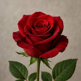 Single red rose with a long stem and green leaves