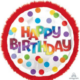 Round birthday balloon with colorful "Happy Birthday" text and red fringe border