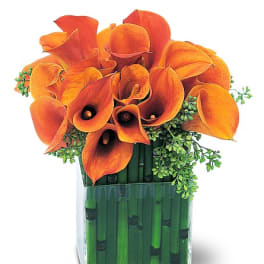 Orange calla lilies arranged in a square glass vase