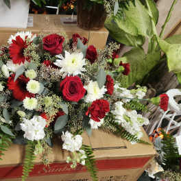 Red and white casket spray