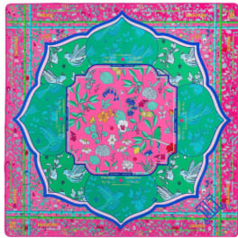 Bright pink and green patterned scarf with floral and bird motifs