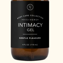 Amber pump bottle labeled intimacy gel