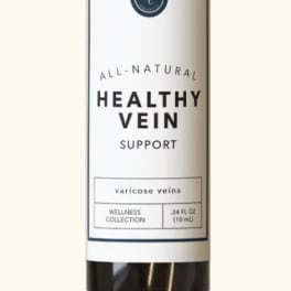 Small amber bottle with a black cap labeled Healthy Vein Support