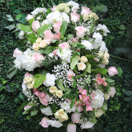Large bouquet of pale pink and white flowers against a green backdrop