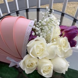 white roses, baby breath, purple Tulip by lav.ishbouquets