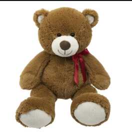 Brown teddy bear with a red ribbon bow